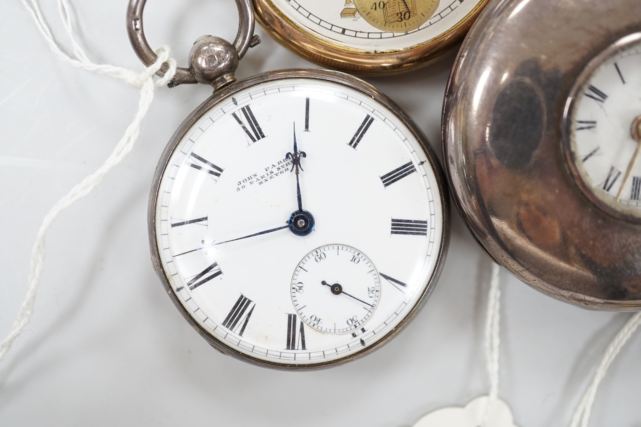 Ten assorted silver or base metal pocket watches including John Walker black dial and a deck watch by H. Golay & Son.